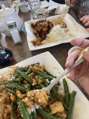 Green Beans and Chicken with Black Bean sauce and Orange Chicken (no spice).