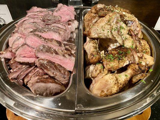 ROASTED TRI-TIP (left) and WHOLE HERB ROASTED CHICKEN (right)