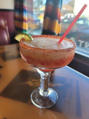 Blended Peach Margarita with Chamoy; Tajin/Salt Rim