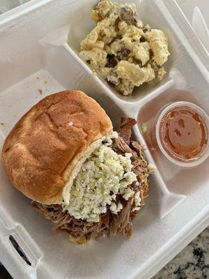 Pulled pork. Vinegar based sauce. Potato salad.