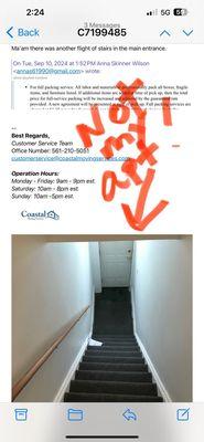 Coastal Moving Services sent a picture of stairs to an unknown apartment and said that's why I was charged $250.