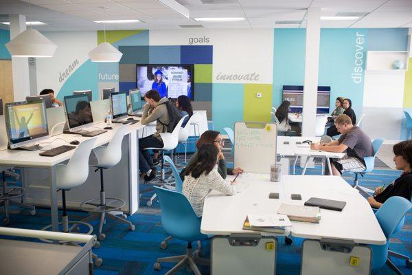 Newly renovated resource center with different furnishings, collaborative and independent study spaces, and the latest technology.