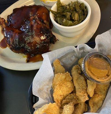 Catfish Bites Bar-B-Q Chicken Collard Greens