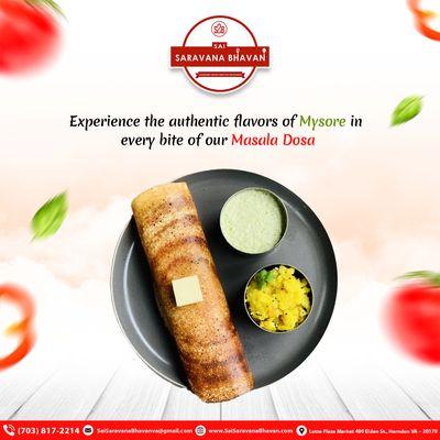 Experience the authentic flavors of Mysore in every bite of our Masala Dosa!  Order online now at #SaiSaravanaBhavan