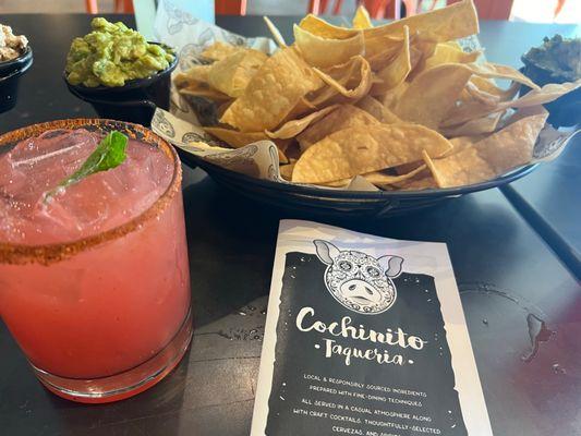 Chips with guacamole, Watermelon Man margarita while waiting for coworkers.