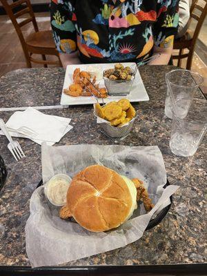 Catfish Sandwich, Mac & Chz, Fried Plantains (Tostones), Fried Shrimp Dinner, Fried Okra Poppers.