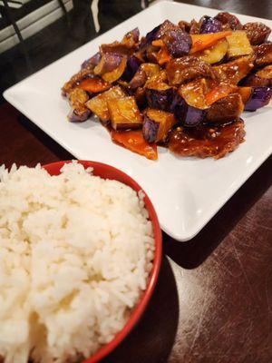 Eggplant and beef with white rice