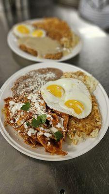 Red chilaquiles with sunny side up eggs