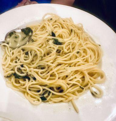 Spaghetti with Olive oil, garlic, and basil. Really good and light.