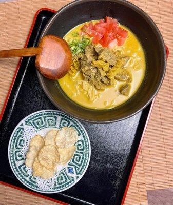 Soto Betawi Ramen. Indonesian style beef soup with Ramen Noodle serve with emping melinjo.