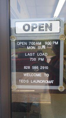 Ted's Laundromat Hours Sign