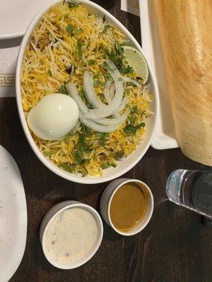 Goat biryani, chickpea flour fried jalapeños, idlis, dosa