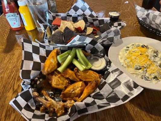 Chicken wings, Avocado dip. Corn chips.