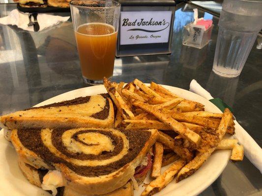 Reuben and house cut fries with hazy IPA