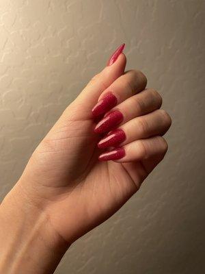 Red with Sparkly Gold Dip Powder on Natural Nails ($42)