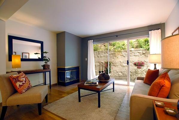 Lovely living room, sliding doors open onto a serene patio...