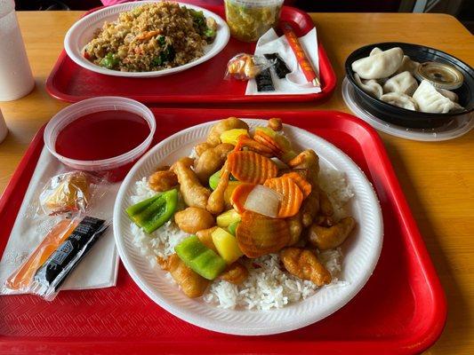 Sweet & Sour Chicken, vegetable fried rice, steamed dumplings, Egg Drop Soup