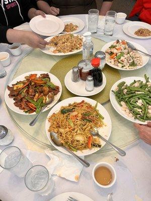 Satay Beef, Chicken with String Bean, Blue Sky Fried Rice, Mushroom Chicken