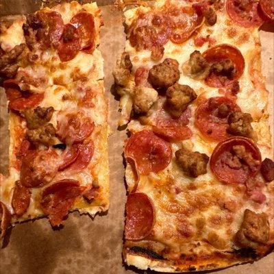 Thin crust, where's the bacon? Extra cheese, pepperoni and bacon custom thin crust.