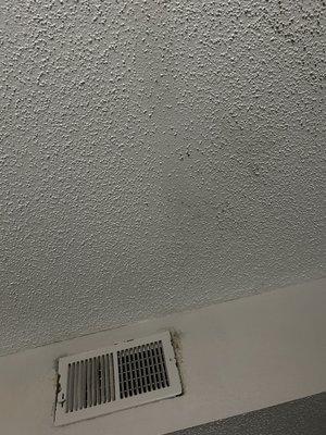 Black mold and dirt on the room vent in the room and ceiling since being blown throughout the hotel.