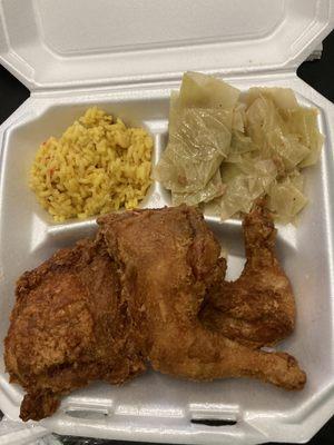 $5 Friday Special - 3 pieces dark meat (thigh and 2 leg quarters), cabbage, and rice