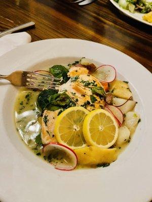 Salmon with potatoes and Brussel sprouts.