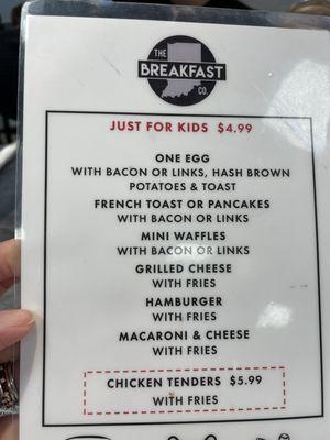 Kids menu