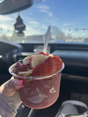 Beach Bowl with chocolate chips, chia seeds, bananas & strawberries on top!