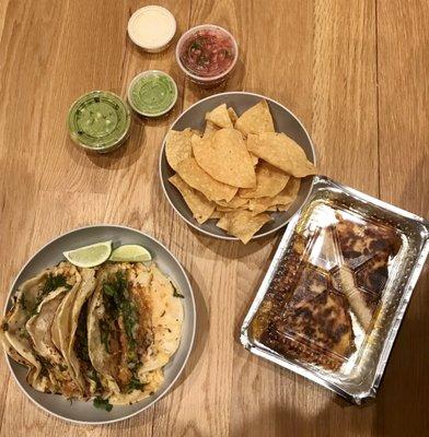 Chips and Guacamole, Tilapia al Pastor soft tacos, Carnitas Quesadilla