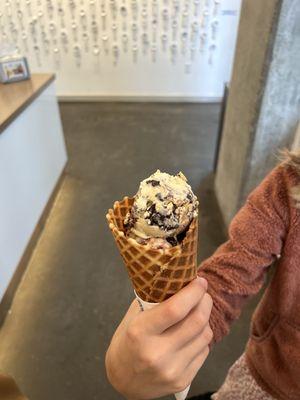 Berry Crumble (on the Bottom) with Peanut Butter Chocolate Cookie in the Delicious Gluten Free Waffle Cone!