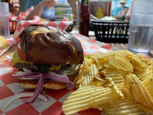 Cheeseburger deluxe extra onion and chips. Our table shared a basket of fries.