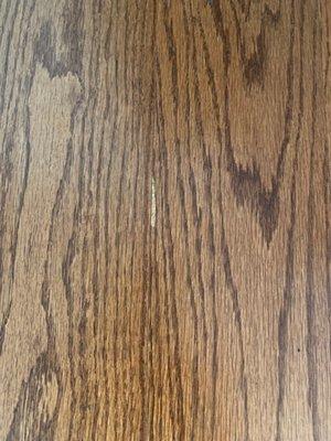 Deep scratch in hardwood floor from lack of care in placing furniture.