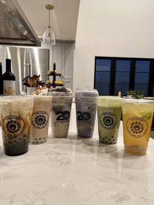 (Left to Right) - Brown sugar Boba milk, Almond Milk Tea, Snow Crunch Smoothie, Taro Smoothie, Matcha Milk Tea, Lychee Leaves Tea Lemonade