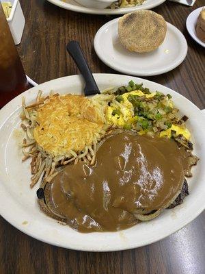 Liver & Onions with scrambled eggs and hash browns