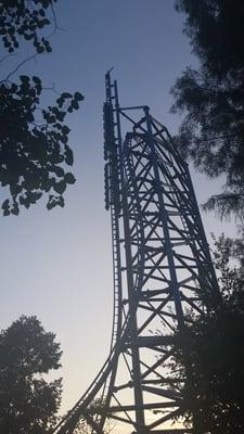 A train climbing the 200ft tall spike. Note the "boosters" halfway up!