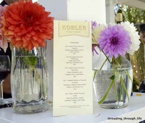 Wine tasting menu accompanied by fresh Dahlias picked from the family garden