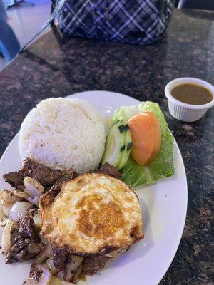 Steak and rice plate with a fried egg and salad!!