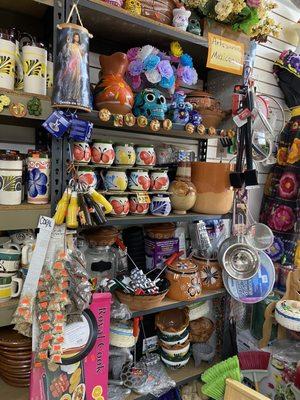 Mexican kitchen and table ware. Skulls, flowers.