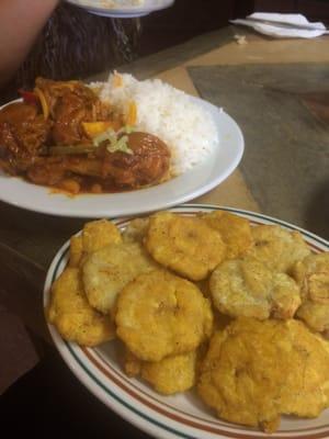 Chicken Stew and Fried Plantains (Tostones)