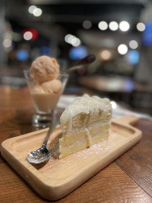 Coconut cake and mango ice cream