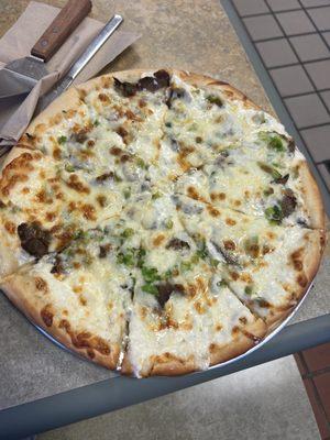 Philly cheesesteak pizza