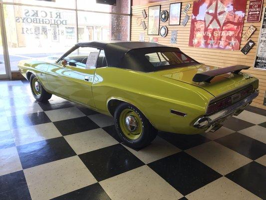 Cool Hemi Challenger inside the pizza shop! Very nice restoration.  Very cool shop. Tons of cool Mopar and car memorabilia!