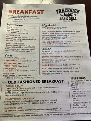 Breakfast menu as of 11/24/2023