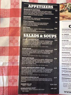 Menu with appetizers, soups, and salads