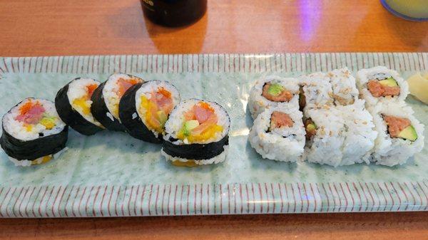 Left of the Hawaiian and on the right is the spicy tuna.