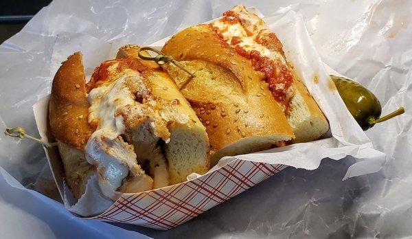 Don Corleone sandwich: chicken cutlet, fresh mozzarella, marinara sauce, locatelli cheese, on a Brooklyn semolina hero.  Not too bad . . .