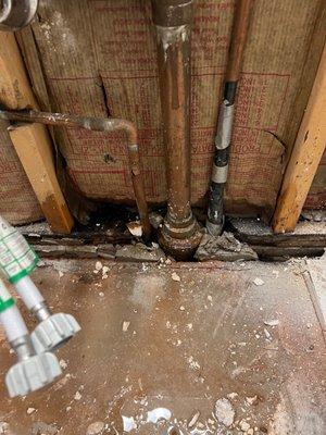 Burst pipe with rotting wood as well as previous "repair" behind the bathroom wall. There are moisture detectors for this exact reason.