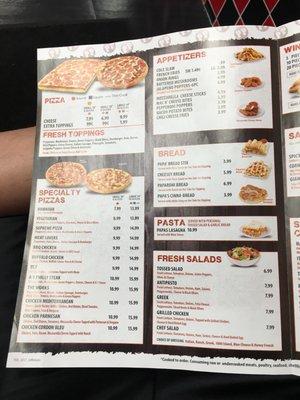 Menu - pizzas, breadsticks, salads, and appetizers