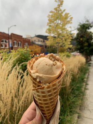 Waffle Cone and small scoop Gooey Buttercake + Pistachio (not visible in bottom)