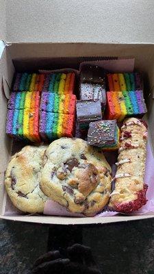 Rainbow cookies, red velvet cannoli and double chocolate chip cookies.